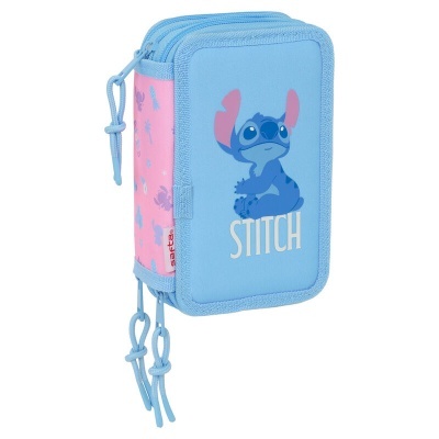 Estojo azul e rosa com personagem Stitch e texto STITCH