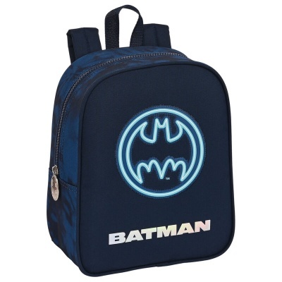Mochila azul escura com logotipo do Batman e alças ajustáveis