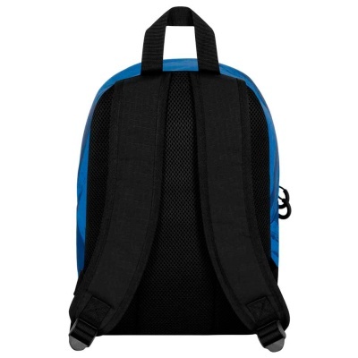 Mochila azul e preta vista de trás com alças acolchoadas