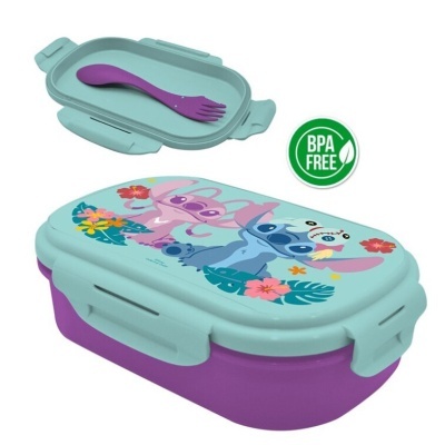 Marmita plástica azul e roxa com desenho Stitch e Angel, talher roxo e fechos laterais