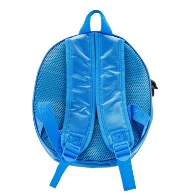 Mochila azul redonda vista de trás com alças acolchoadas ajustáveis e alça superior.