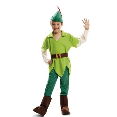 Fantasia de Peter Pan para criança com camisola verde, calças verdes, botas e chapéu verde com pena vermelha