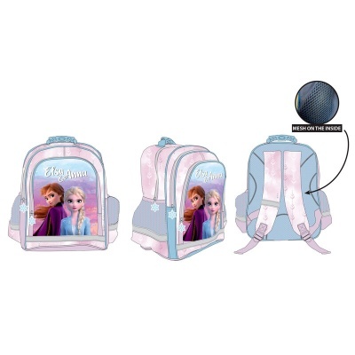 Mochila infantil Frozen azul e rosa com estampa de Anna e Elsa e alças ajustáveis em mesh