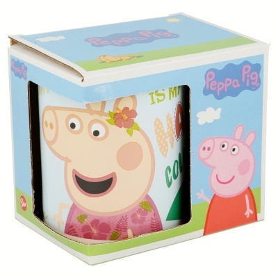 Caneca de cerâmica com personagens Peppa Pig e embalagem azul