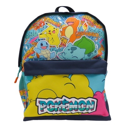 Mochila colorida com personagens Pokémon Pikachu, Charmander, Squirtle e Bulbasaur e texto POKÉMON