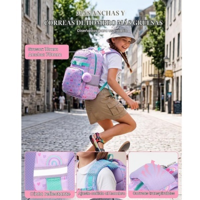 Mochila infantil rosa com padrão de arco-íris e corações com alças largas e grossas