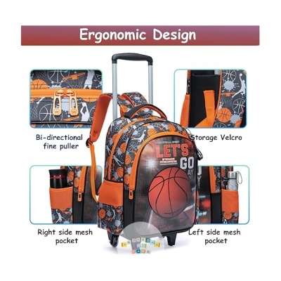 Mochila infantil com padrão de bolas de basquetebol e carrinho