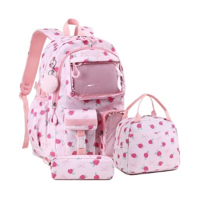 Conjunto rosa com padrão de rosas vermelhas, mochila, bolsa pequena, bolsa retangular e estojo para lápis