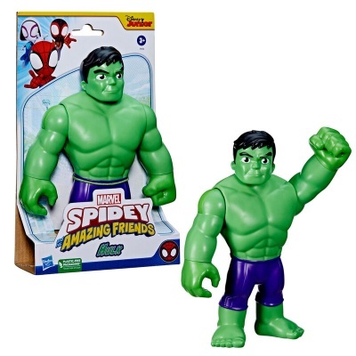 Figura de ação do Hulk em plástico verde com calções roxos junto da embalagem da Marvel Spidey Amazing Friends.