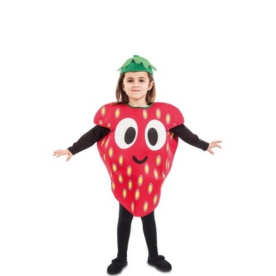 Fato infantil de morango vermelho com sementes e folha verde na cabeça