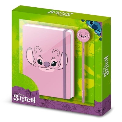 Conjunto de caderno rosa e lápis com personagem Stitch em embalagem verde e roxa