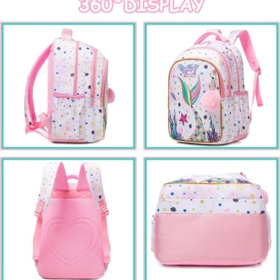 Mochila infantil rosa com desenhos de sereia e estrelas vista de vários ângulos