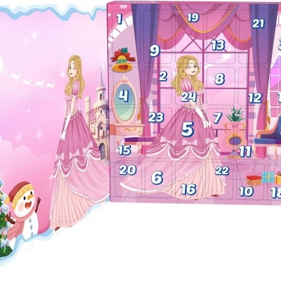 Calendário do advento rosa com princesa, árvore de Natal e boneco de neve