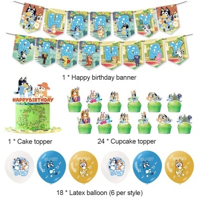 Decoração de festa de aniversário com faixa, toppers para bolo e cupcakes, e balões coloridos com personagens animados.