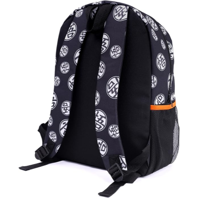 Mochila preta com estampas brancas e bolso lateral em rede preta com faixa laranja
