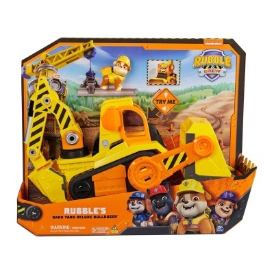 Brinquedo bulldozer amarelo e laranja da Rubble Crew na embalagem