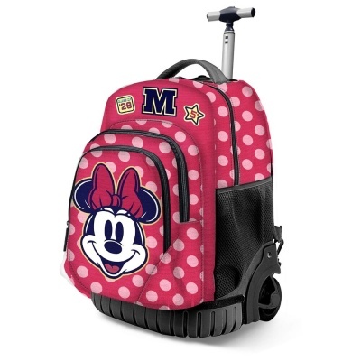 Mochila trolley rosa com bolinhas brancas e imagem da Minnie Mouse