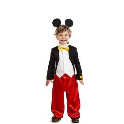 Fato de rato infantil com calças vermelhas, casaco preto, colete branco e laço amarelo