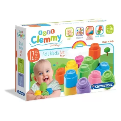 Embalagem do set de blocos suaves Soft Clemmy coloridos para bebés de 6 a 36 meses