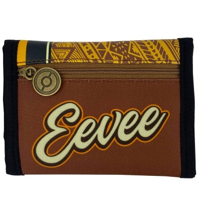 Carteira castanha e amarela com texto Eevee