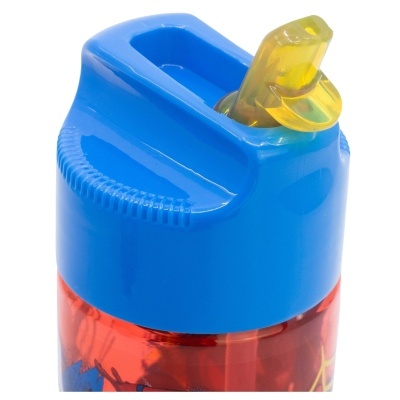 Garrafa plástica colorida com tampa azul e bico amarelo