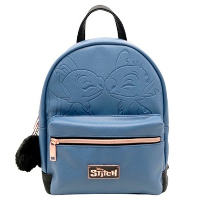 Mochila azul com relevo Stitch e fecho dourado