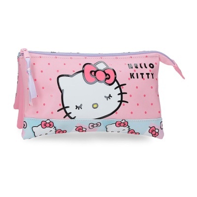 Estojo rosa com desenho Hello Kitty e fecho lilás