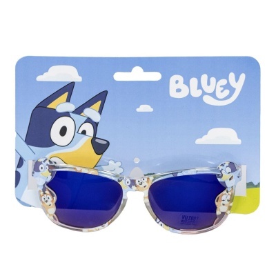 Óculos de sol infantis com armação decorada e lentes azuis, embalagem ilustrada com personagem Bluey