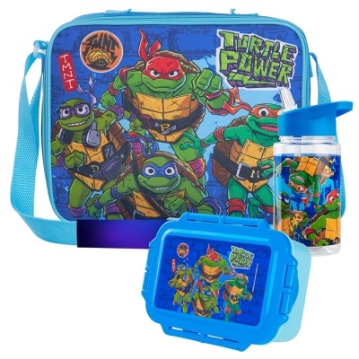 Conjunto lancheira, garrafa e caixa com design das Tartarugas Ninja, predominância de azul e personagens coloridos.