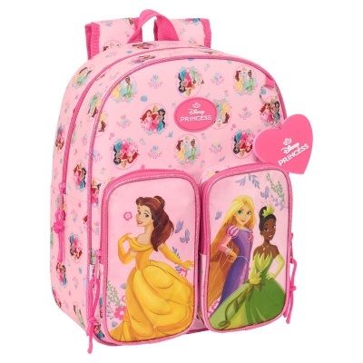Mochila rosa Disney Princess com personagens e bolso frontal