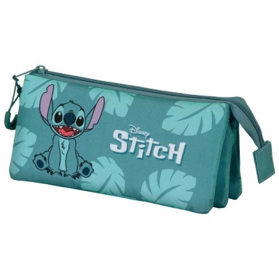Estojo escolar azul com personagem Stitch e folhas verdes