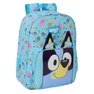 Mochila infantil azul clara com padrão de cães e bolso frontal com rosto de cão.