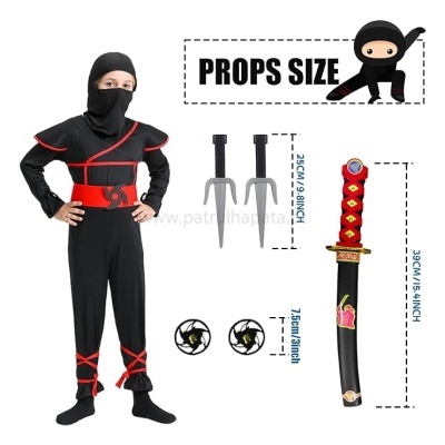 Fato e acessórios de ninja para criança em preto e vermelho