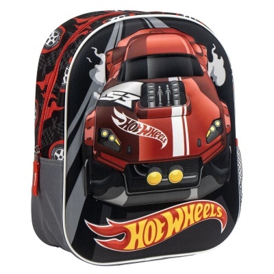 Mochila infantil Hot Wheels com design de carro vermelho e logo colorido