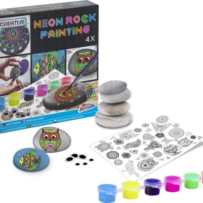 Kit para pintar pedras com tintas fluorescentes e padrões para colorir