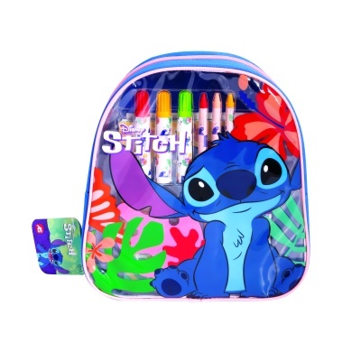 Mochila transparente infantil com personagem Stitch da Disney e materiais de escrita coloridos