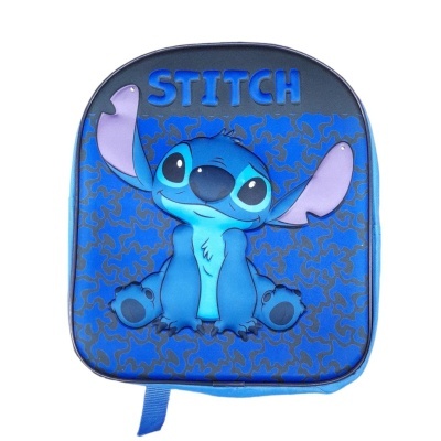 Mochila azul com imagem do personagem Stitch e texto STITCH
