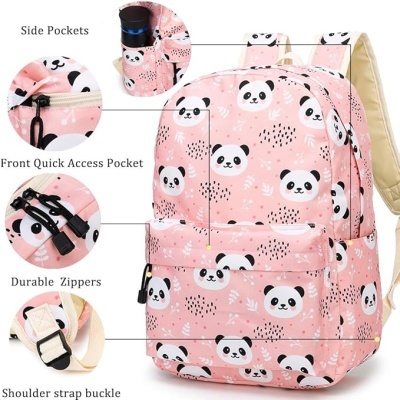 Mochila rosa com padrão de pandas e vários bolsos