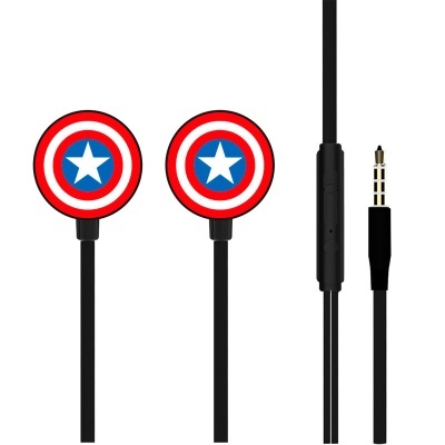 Auriculares com logo de estrela azul em fundo vermelho e branco