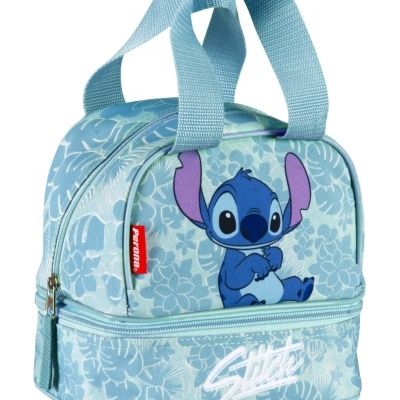Bolsa azul com personagem Stitch e padrão floral branco