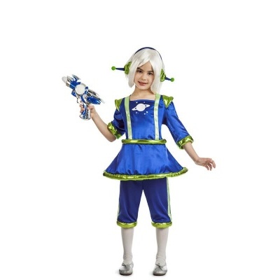 Fato de criança tema espacial azul e verde com arma de brinquedo.