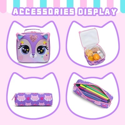 Acessórios com design de raposa em roxo e rosa para crianças.
