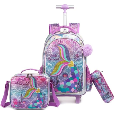 Conjunto escolar lilás com padrão de sereia, mochila de rodinhas, estojo e bolsa térmica