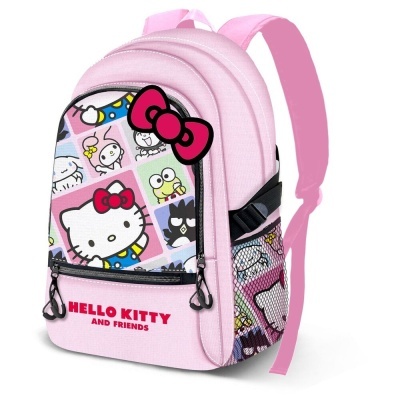 Mochila rosa claro com personagens Hello Kitty and Friends e texto vermelho na parte frontal
