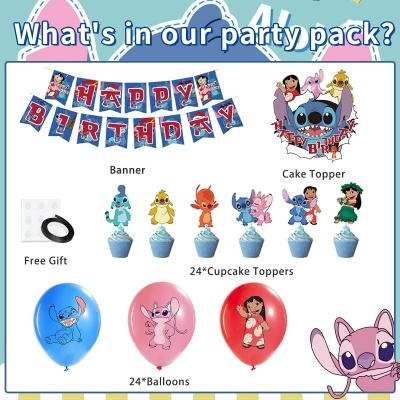 Conjunto de festa temático de Stitch com banner, toppers de bolinhos, balões, topper de bolo e oferta grátis