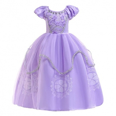Vestido infantil lilás com bordados e saia volumosa