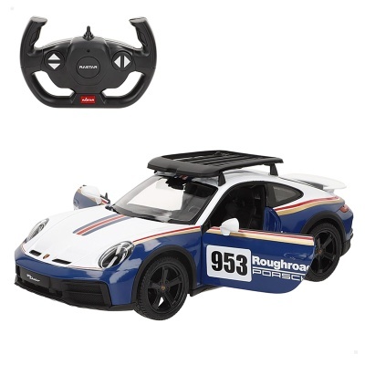 Carro de brinquedo de corrida branco e azul com comando preto