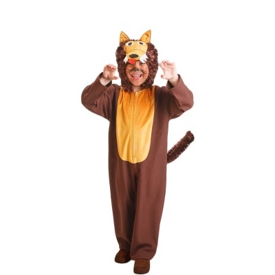 Pessoa com fato integral de leão castanho e amarelo com capuz e juba