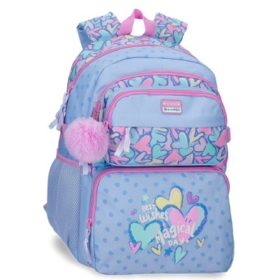 Mochila azul claro com corações e pompom rosa