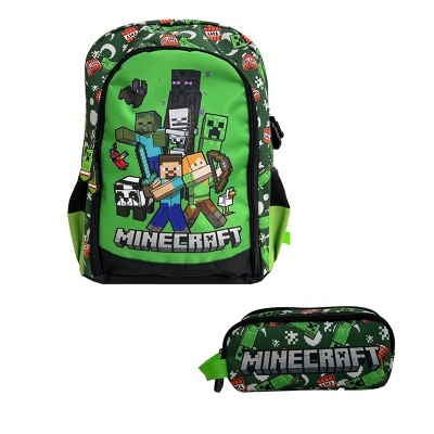 Mochila e estojo Minecraft verdes com personagens e texto MINECRAFT.